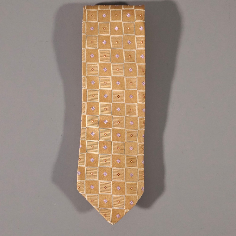 Ike Behar Necktie Mens OS Gold Geometric Grid Diamond 100% Silk Hand Tailored US